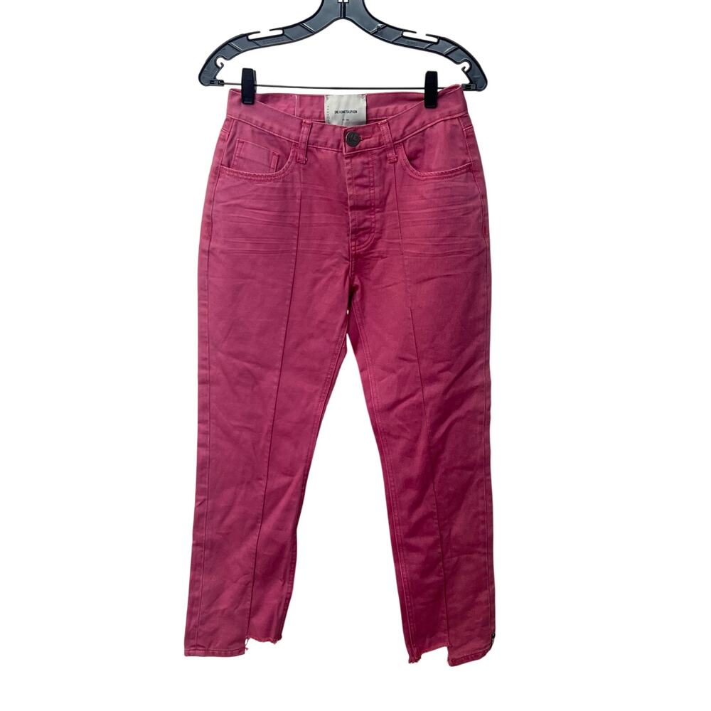 One Teaspoon Sz 26 Pop Pink Seamed Mid Rise Chewed Hem Straight Leg Denim Jeans